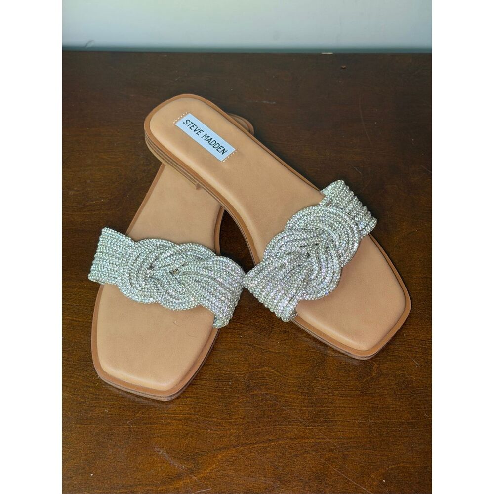 Steve Madden bling silver rhinestone knot detail slide on sandals 8